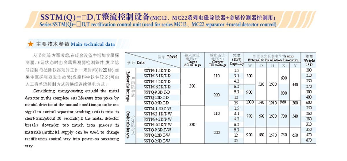 SSTM(Q)2-□D/T系列整流控制設(shè)備(MC12/MC22系列電磁除鐵器+金屬控測器控制用)